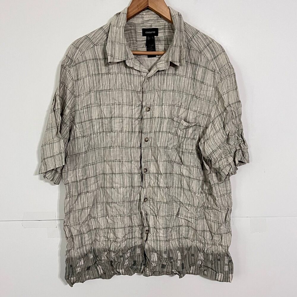 Claiborne Mens Rayon Shirt Size XL Greyish Brown Abstract Checkered Short Sleeve